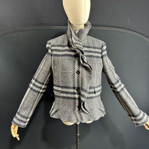 Burberry cropped gray black metallic plaid wool jacket / ruffle neckline and hem